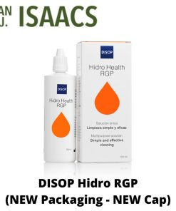 Hidro Health RGP bottle beside its white box, both with an orange droplet logo and DISOP branding (new packaging and cap).