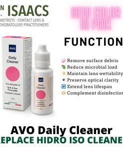 AVO Daily Cleaner bottle and box for contact lenses with pink label, plus a list of benefits and the headline New Color in Pink.