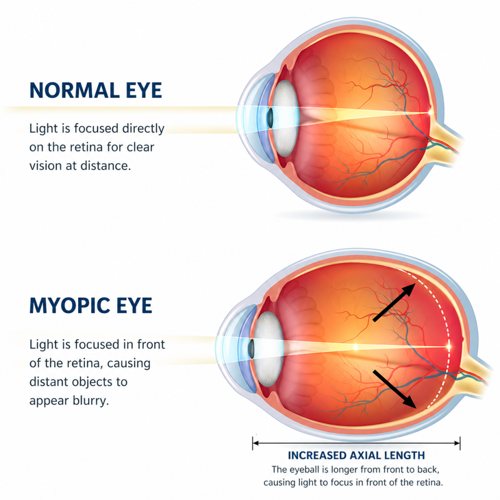 Comparison of a normal eye and a myopic eye; normal eye focuses light on the retina for distance vision, while myopic eye focuses in front of the retina.