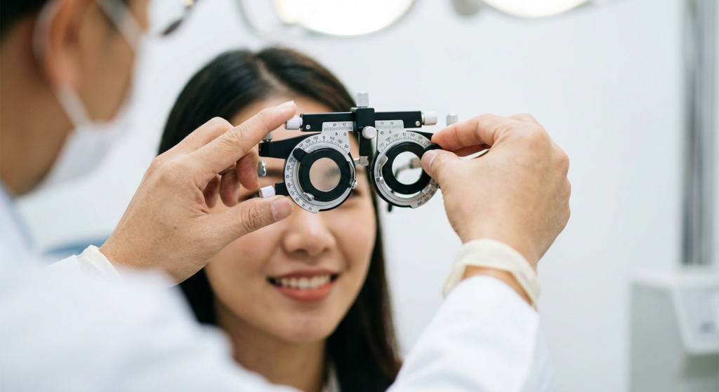 Optometrist adjusts a phoropter in front of a patient during an eye exam.